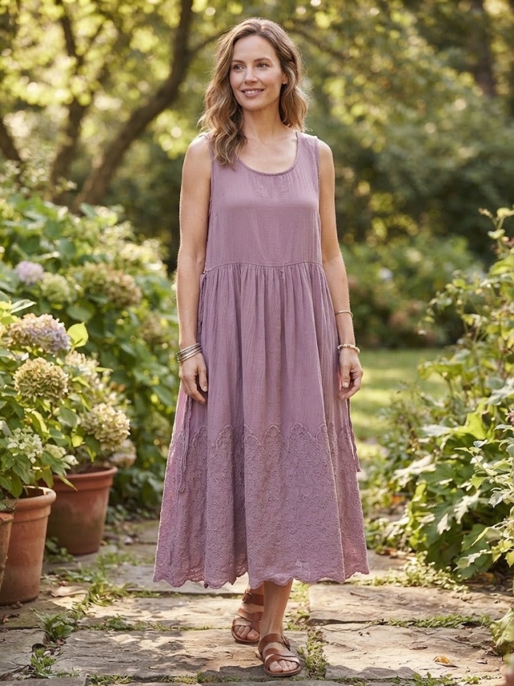 April Cornell Sleeveless Lace-Hem Midi Dress - #